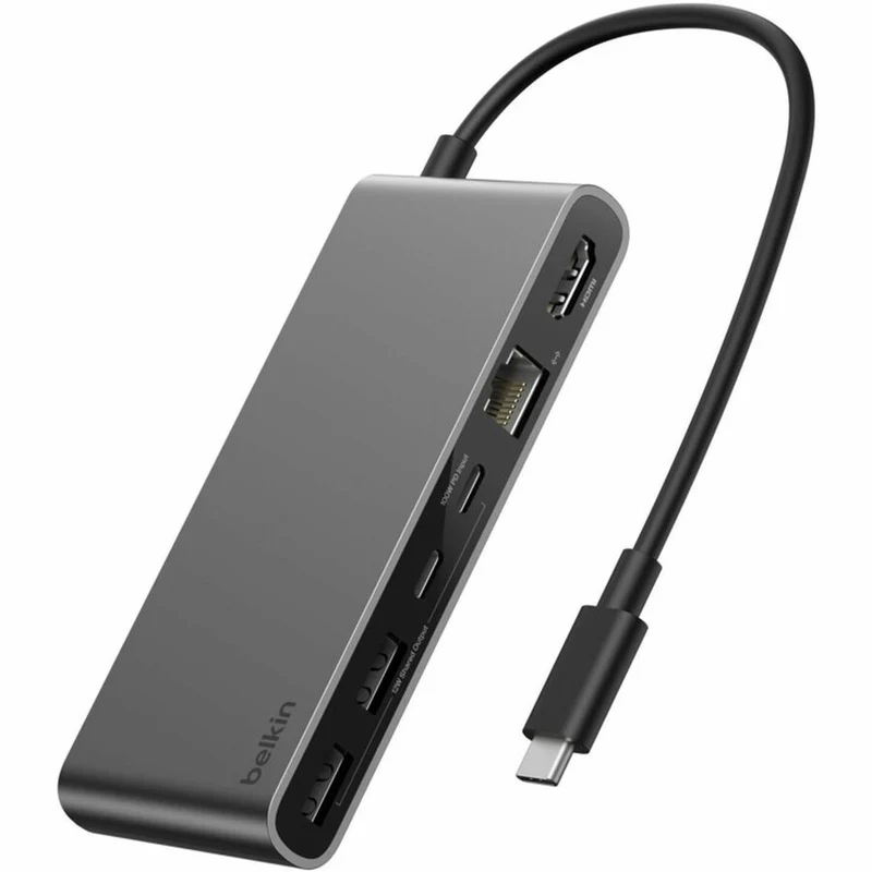 Hub USB-C Belkin 8 ports - 2 ports USB-A, 2 ports USB-C, 1 port HDMI, 1 port Ethernet, 1 lecteur de carte SD, 1 lecteur de carte microSD - Gris INC024fqSGY