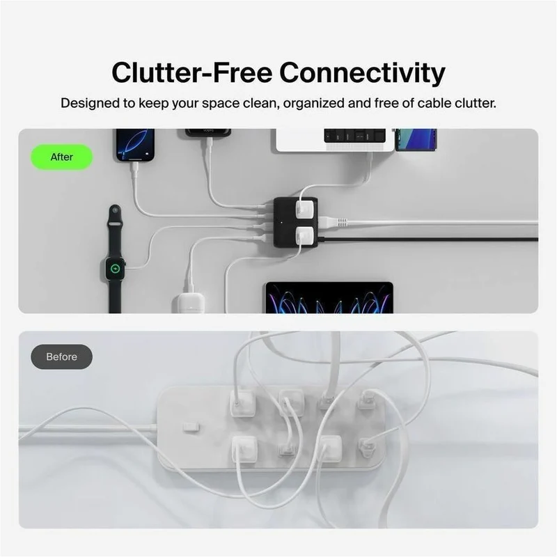 Station de charge Belkin à 3 prises avec 2 ports USB-A et 2 ports USB-C, 70 W, câble de 1.5 m, fiche droite, noire SRZ001TT5