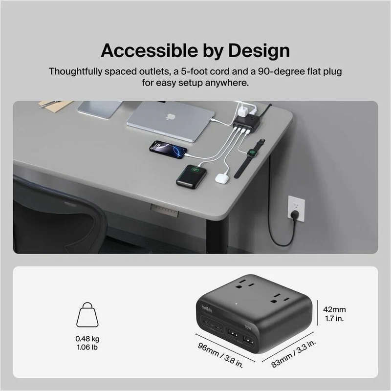Station de charge Belkin à 3 prises avec 2 ports USB-A et 2 ports USB-C, 70 W, câble de 1.5 m, fiche droite, noire SRZ001TT5