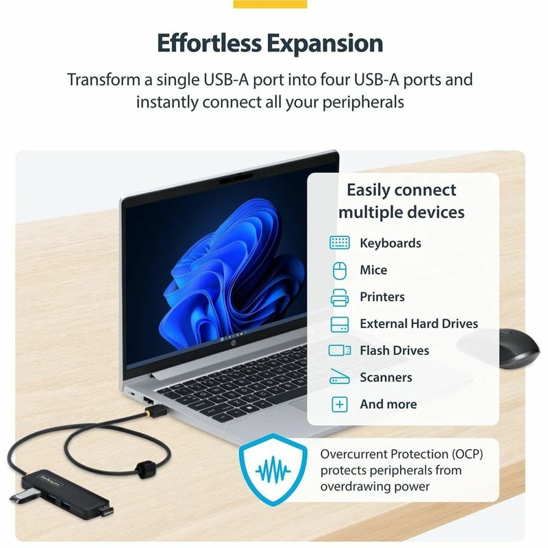 Hub USB-A 4 ports StarTech.com, 5 Gbit/s, auto-alimenté, convertisseur USB-A vers 4 mini-hubs USB-A, câble hôte extra long de 61 cm (2 pi), boîtier en plastique PCR à 70 % H5A4A-USB-HUB-2