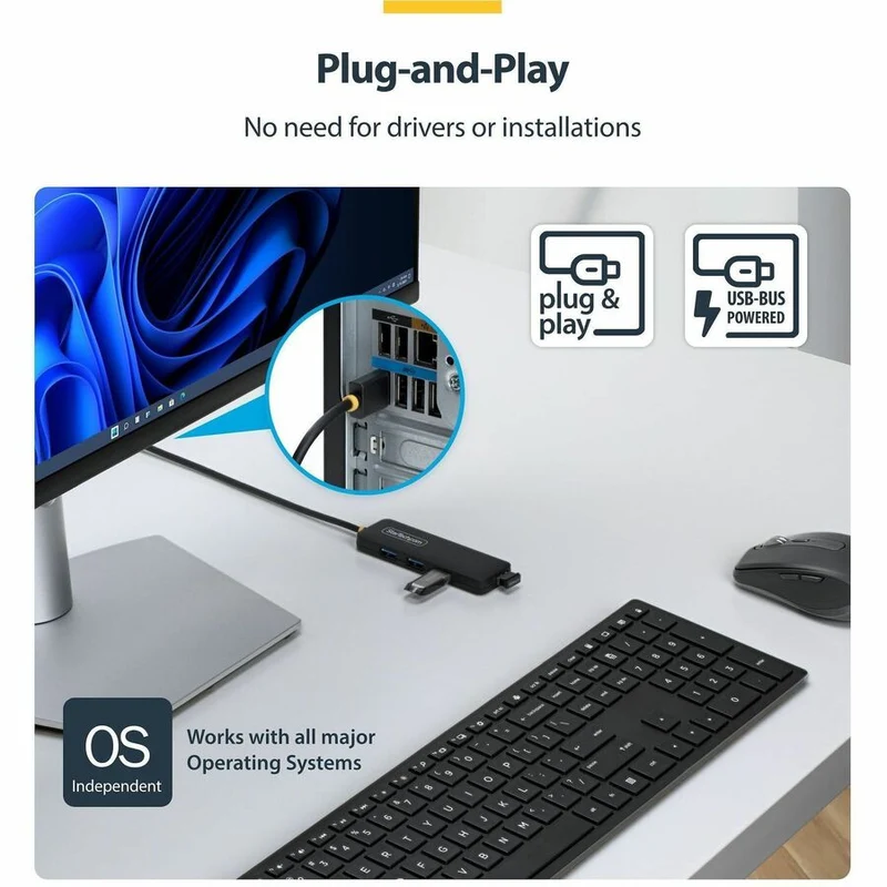 Hub USB-A 4 ports StarTech.com, 5 Gbit/s, auto-alimenté, convertisseur USB-A vers 4 mini-hubs USB-A, câble hôte extra long de 61 cm (2 pi), boîtier en plastique PCR à 70 % H5A4A-USB-HUB-2