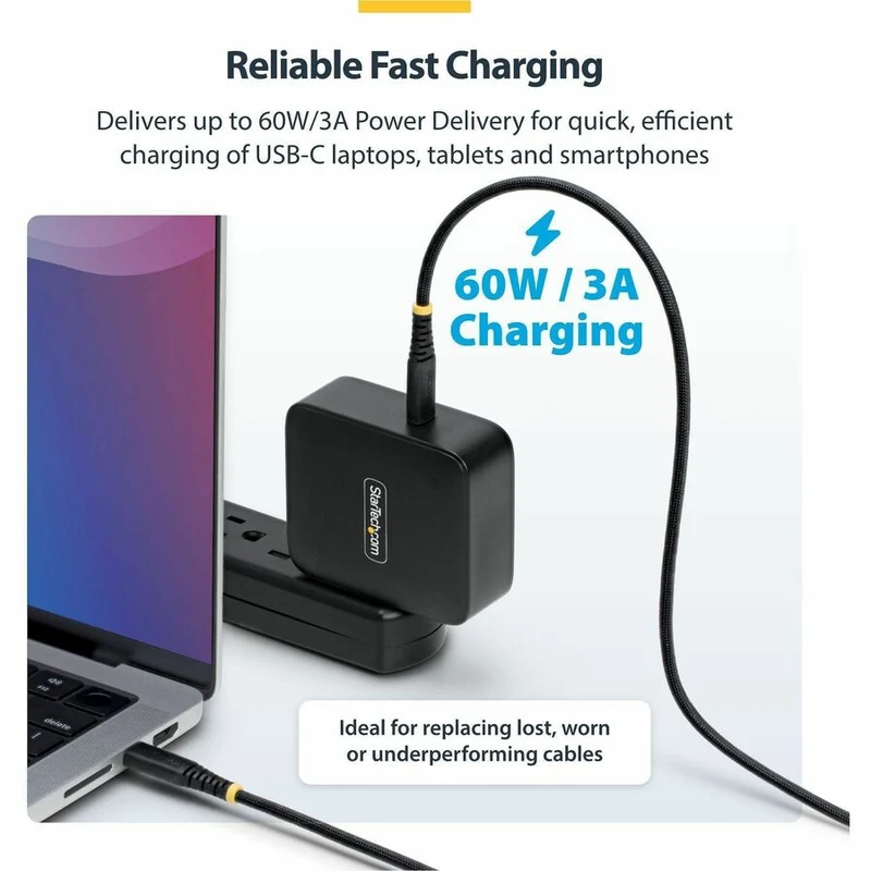 Câble de charge USB-C StarTech.com de 3 m (10 pi), 60 W (3 A) PD, gaine tressée double couche en nylon/TPE, câble de charge robuste USB 2.0 pour ordinateur portable USB2CC10FNCBR