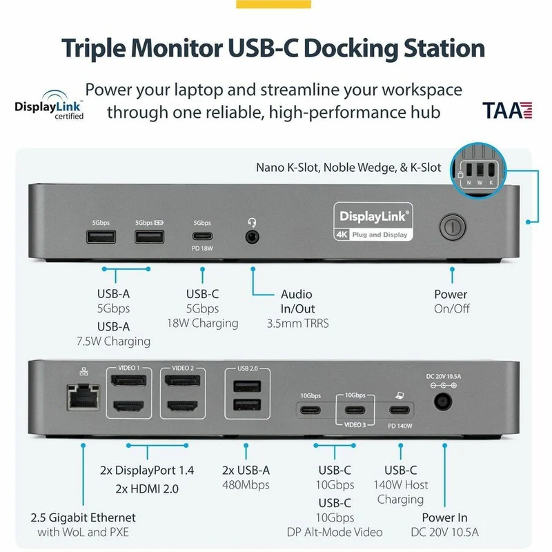 Station d'accueil USB-C triple écran StarTech.com, station de charge pour ordinateurs portables 140 W (compatible MacBook Pro et Windows), 4K 60 Hz, TAA DK30C2DPEPRN