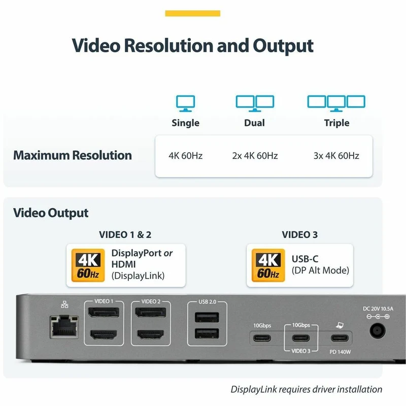 Station d'accueil USB-C triple écran StarTech.com, station de charge pour ordinateurs portables 140 W (compatible MacBook Pro et Windows), 4K 60 Hz, TAA DK30C2DPEPRN