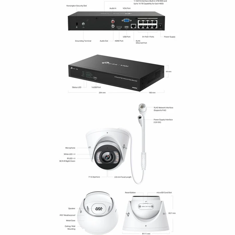 Kit IPC tourelle couleur TP-Link VIGI 4MP et NVR 8 canaux PoE+ - Disque dur 2 To VIGI NK8MP-T6425-2T