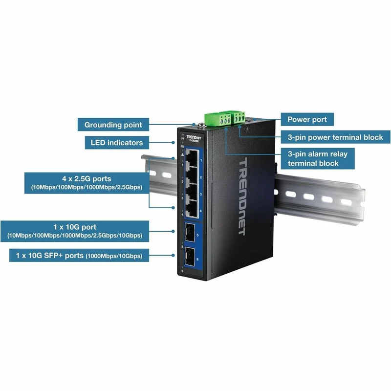 Commutateur industriel à rail DIN 6G à 2.5 ports TRENDnet avec ports SFP+ 10G TI-G5062