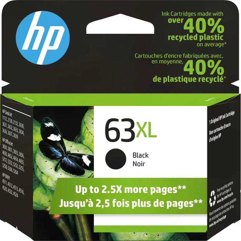 Cartouche d'encre à jet d'encre HP 63XL à haut rendement d'origine - Noir - Lot de 2 F6U64AN#140-2PK