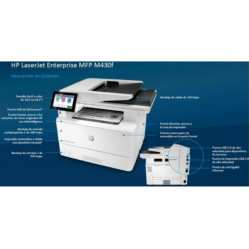 Imprimante multifonction laser HP LaserJet M430f-Monochrome-Copieur/Fax/Scanner-42 ppm Impression monochrome-1200x1200 Impression-Impression recto verso automatique-100000 pages mensuellement-350 feuilles Entrée-Scanner couleur-600 Scan optique-Fax monochrome-Gigabit Ethernet 3PZ55A#BGJ