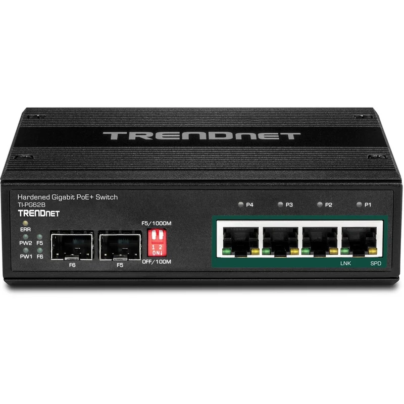 Commutateur sur rail DIN Gigabit PoE+ industriel à 6 ports TRENDnet ; 12-56 V ; Relais d'alarme ; 2 emplacements SFP dédiés ; Boîtier classé IP30 ; Protection à vie ; TI-PG62B TI-PG62B