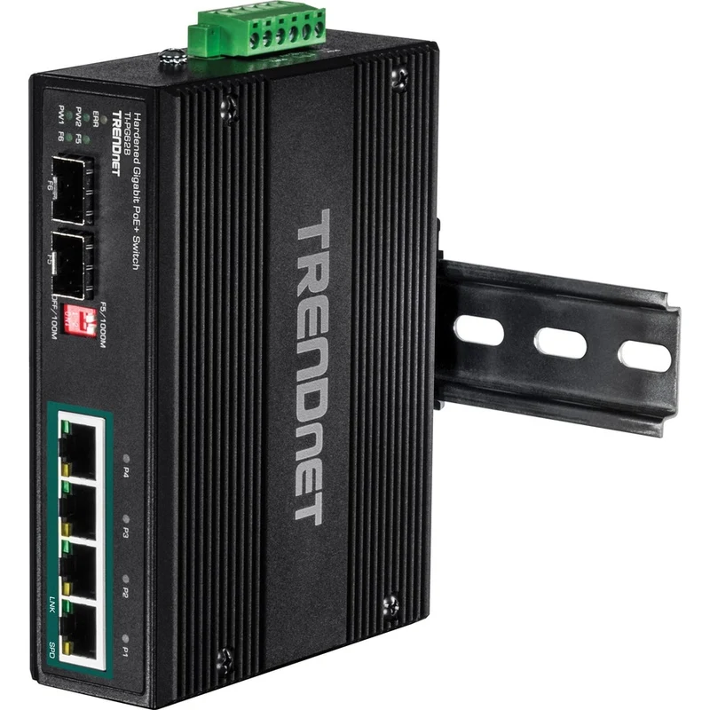 Commutateur sur rail DIN Gigabit PoE+ industriel à 6 ports TRENDnet ; 12-56 V ; Relais d'alarme ; 2 emplacements SFP dédiés ; Boîtier classé IP30 ; Protection à vie ; TI-PG62B TI-PG62B