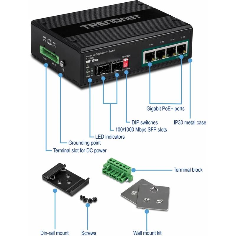 Commutateur sur rail DIN Gigabit PoE+ industriel à 6 ports TRENDnet ; 12-56 V ; Relais d'alarme ; 2 emplacements SFP dédiés ; Boîtier classé IP30 ; Protection à vie ; TI-PG62B TI-PG62B