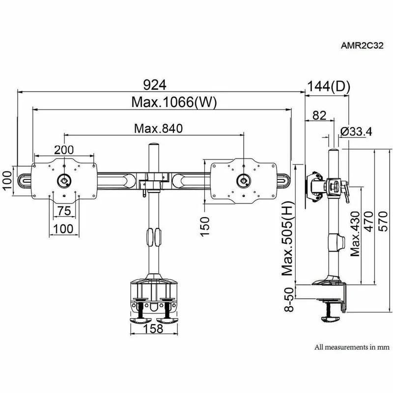 Pince de montage pour double écran Amer Mounts (max. 32 pouces) AMR2C32 AMR2C32