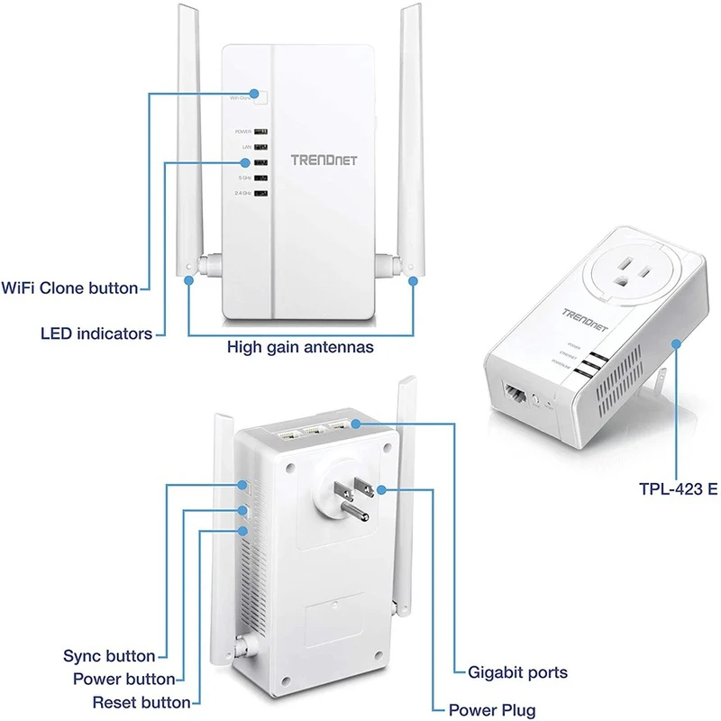 TRENDnet Wi-Fi Everywhere Kit de point d'accès sans fil CPL 1200 AV2 double bande AC1200, comprend 1 x TPL-430AP et 1 x TPL-423E, 3 x ports Gigabit, installation facile, blanc, TPL-430APK TPL-430APK