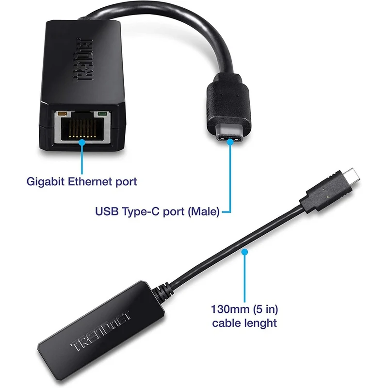 Adaptateur réseau filaire TRENDnet USB Type-C vers Gigabit Ethernet LAN pour Windows et Mac ; Compatible avec Windows 10 ; et Mac OS X 10.6 et supérieur ; Économie d'énergie; longueur de 5 pouces ; TUC-ETG TUC-ETG