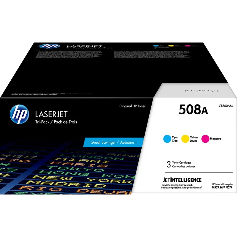 Cartouche de toner laser d'origine HP 508A - Cyan, Magenta, Jaune - 3/Pack CF360AM