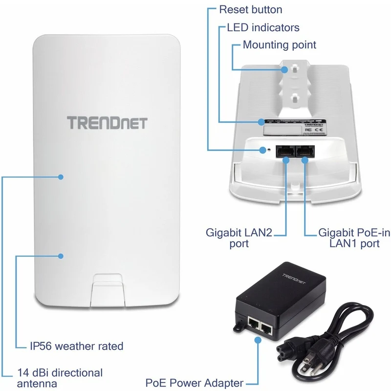 TRENDnet Kit de pont point à point préconfiguré 14 DBI WiFi AC867 PoE extérieur ; 4 antennes directionnelles DBI ; pour applications de pont WiFi point à point ; 5 GHz ; AC867 ; TEW-840APBO2K TEW-840APBO2K