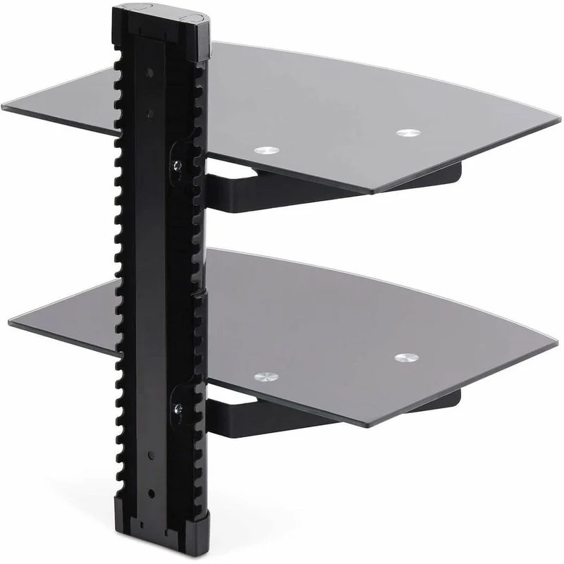 StarTech.com Étagères AV murales flottantes doubles, étagère réglable en hauteur pour équipement audiovisuel sous téléviseur, étagères en verre trempé noir 2B-WALL-MOUNT-SHELF