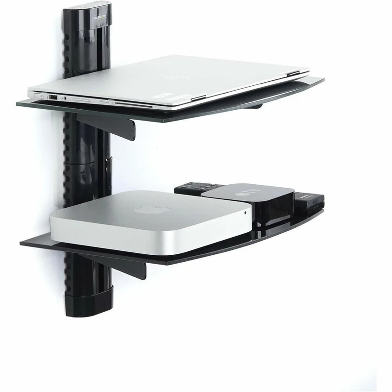 StarTech.com Étagères AV murales flottantes doubles, étagère réglable en hauteur pour équipement audiovisuel sous téléviseur, étagères en verre trempé noir 2B-WALL-MOUNT-SHELF