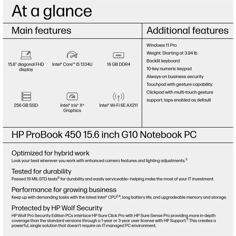 Ordinateur portable HP ProBook 450 G10 15.6" - Full HD - Intel Core i5 13e génération i5-1334U - Technologie vPro - 16 Go - SSD 256 Go - Clavier anglais (États-Unis) - Plastique Pike Silver 9C4H0UT#ABA